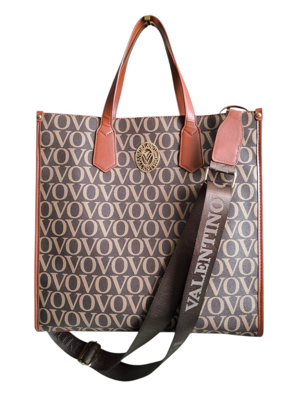 Valentino Orlandi Brown Two-Tone Monogram Tote Bag with Branded Strap - Work Bag